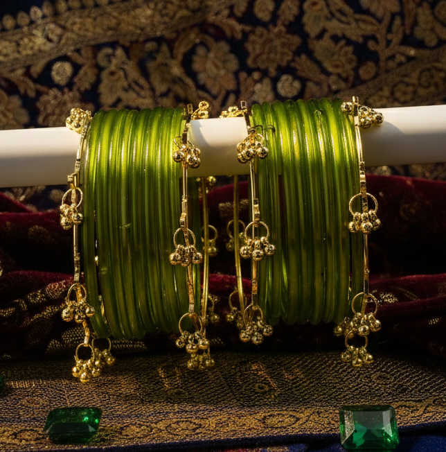 Trendy Ghungroo Glass Bangles Set for Women & Girls | TGreen Kashmiri Style Bangles | Pack of 20 with Golden Metal Charm