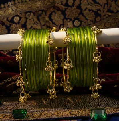 Trendy Ghungroo Glass Bangles Set for Women & Girls | TGreen Kashmiri Style Bangles | Pack of 20 with Golden Metal Charm