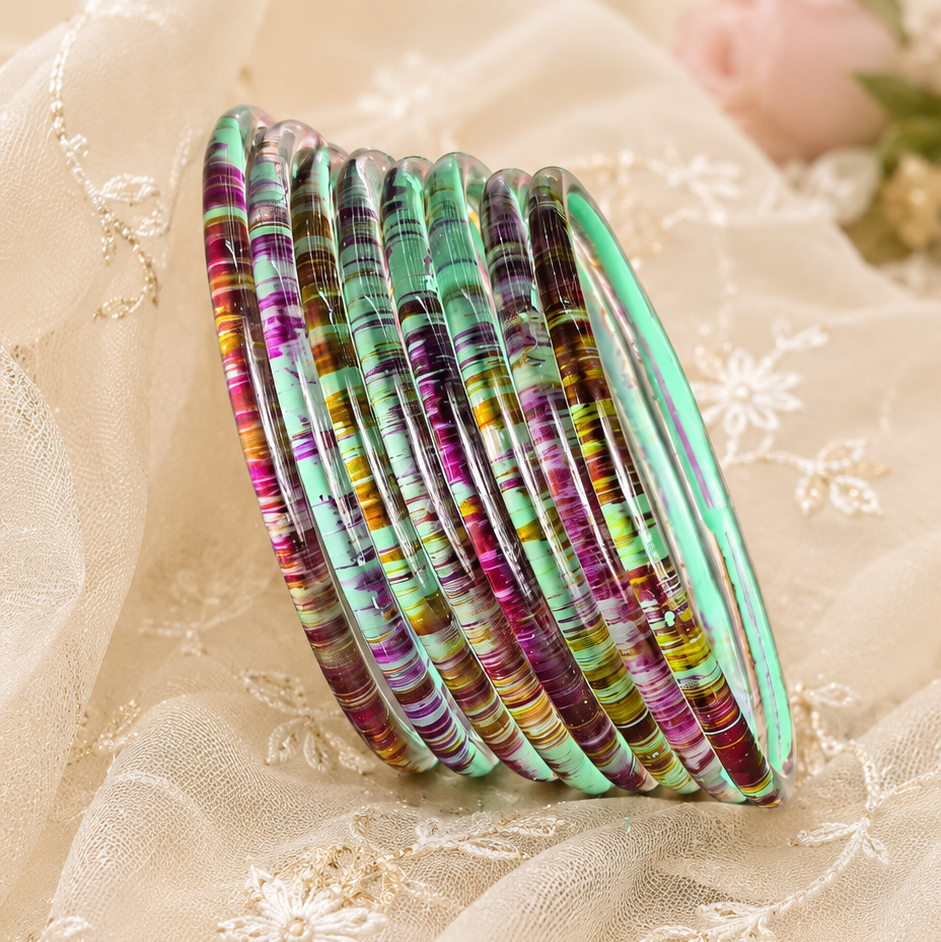 Glossy 3D Glass Bangle Set For Women - Set Of 8