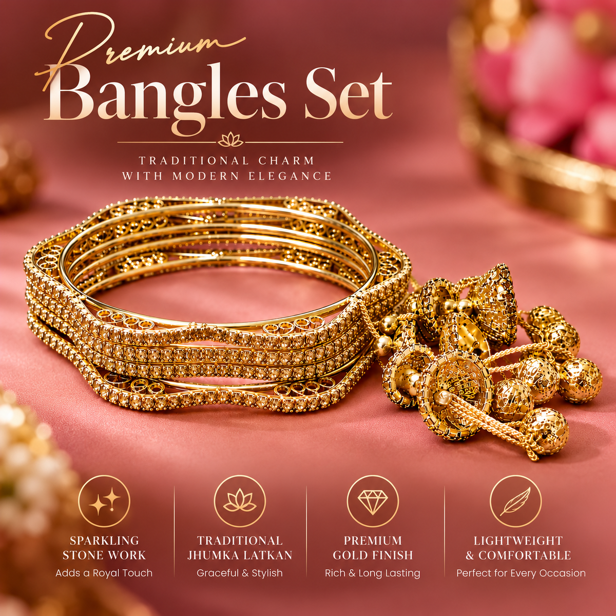 Gold Plated Designer Bangles Set with Sparkling Stone Work - Set Of 4