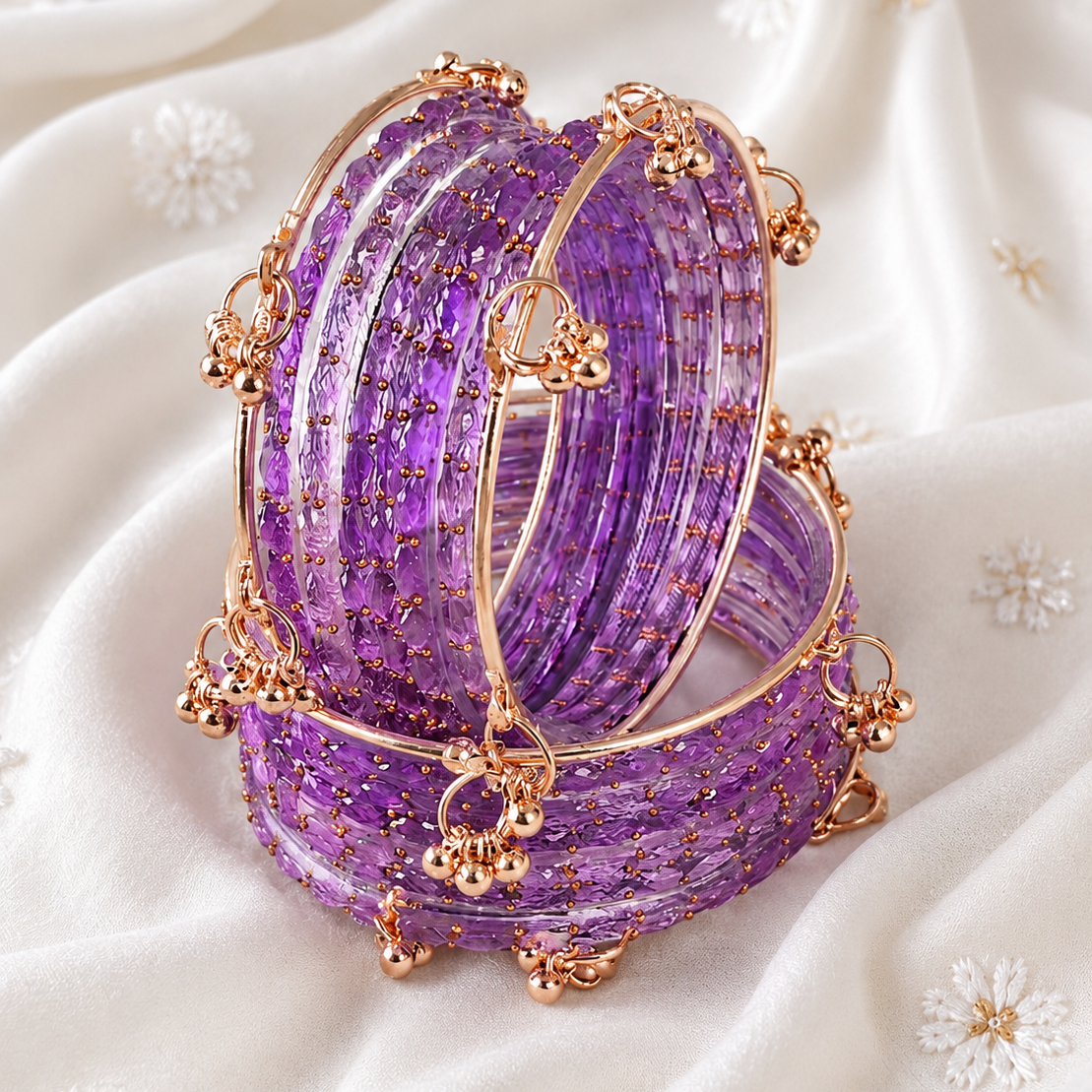 Trendy Glass Bangles With RoseGold Ghunghroo Set - Set Of 16