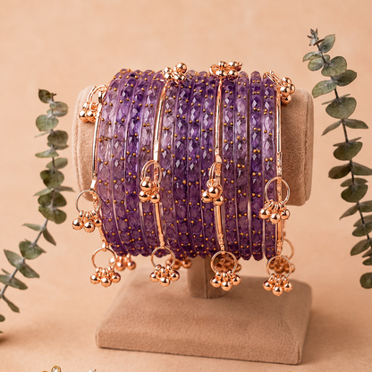 Trendy Glass Bangles With RoseGold Ghunghroo Set - Set Of 16