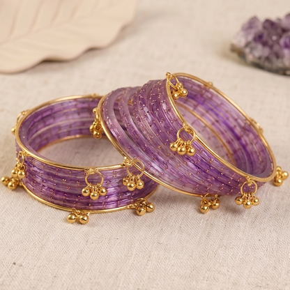 Trendy Glass Bangles With Gold Ghunghroo Set - Set Of 16