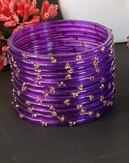 Traditional  Purple Stone Gold Bangles Set Glossy Finish with Golden Stone Work Wear (Pack of 24)