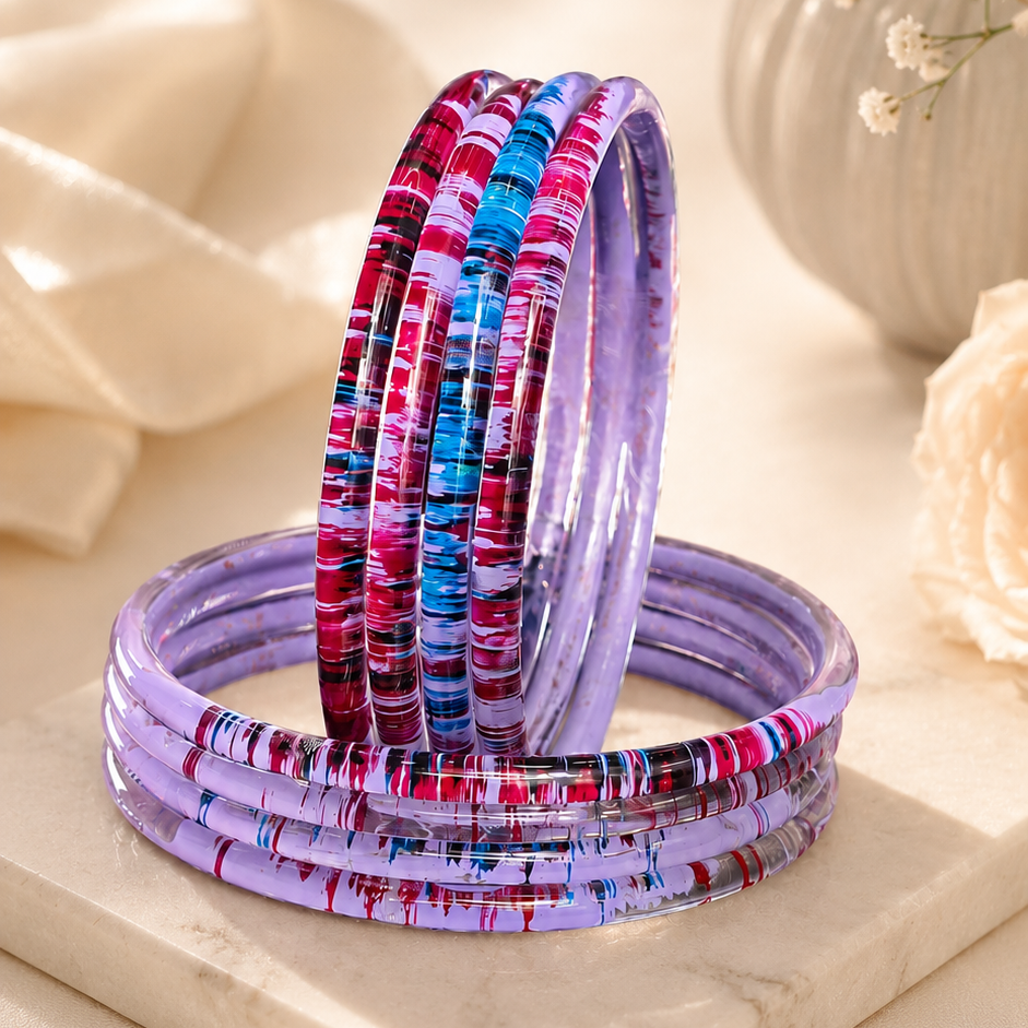 Glossy 3D Glass Bangle Set For Women - Set Of 8