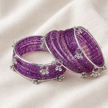 Trending Glass Bangle With Silver Ghunghroo Set For Women & Girls - Set Of 16