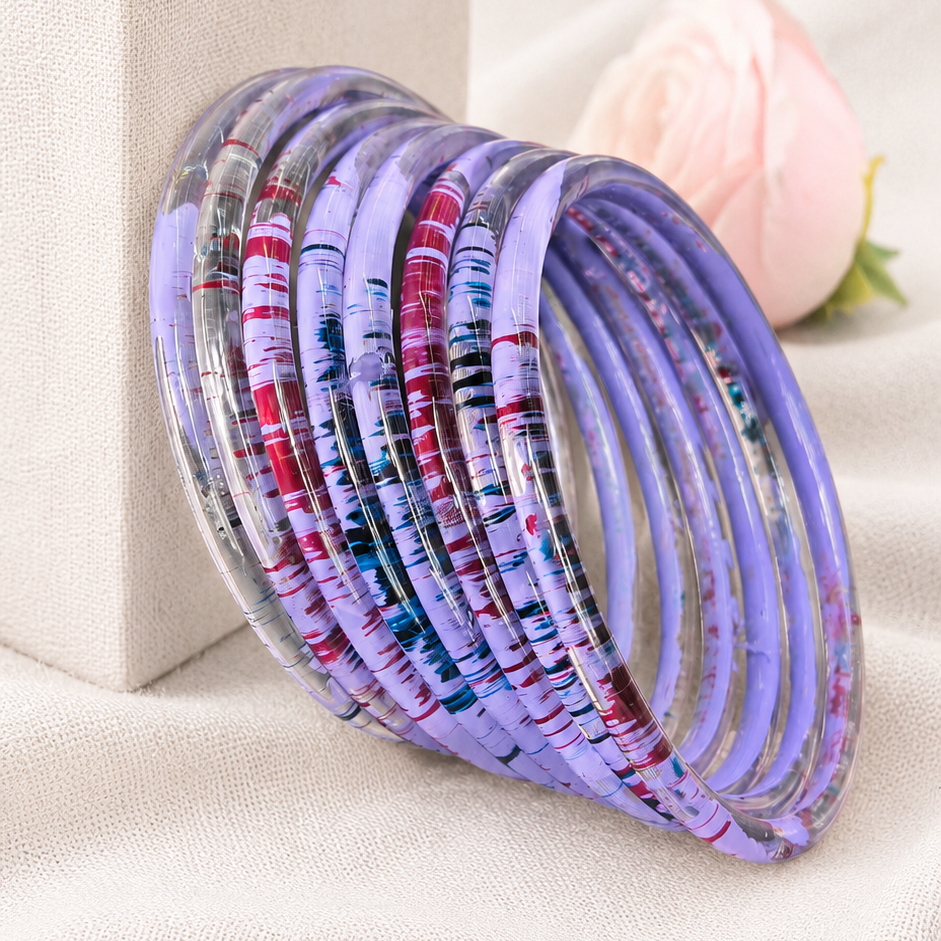 Glossy 3D Glass Bangle Set For Women - Set Of 8