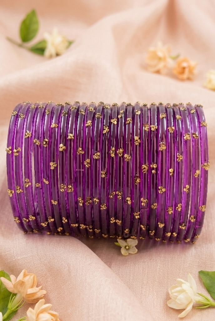 Traditional  Purple Stone Gold Bangles Set Glossy Finish with Golden Stone Work Wear (Pack of 24)