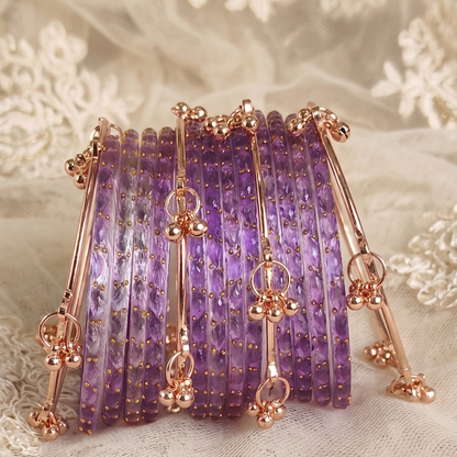 Trendy Glass Bangles With RoseGold Ghunghroo Set - Set Of 16