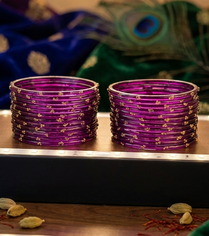 Traditional  Purple Stone Gold Bangles Set Glossy Finish with Golden Stone Work Wear (Pack of 24)