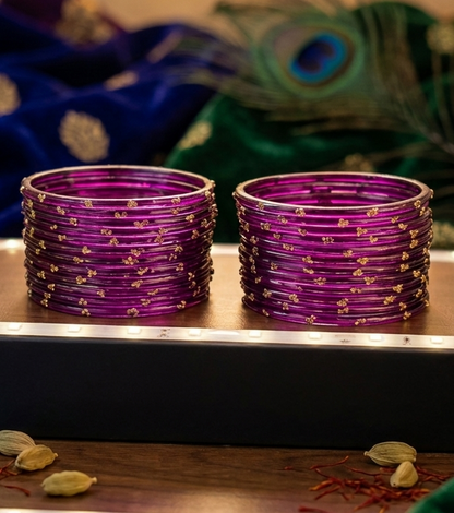 Traditional  Purple Stone Gold Bangles Set Glossy Finish with Golden Stone Work Wear (Pack of 24)