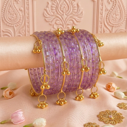 Trendy Glass Bangles With Gold Ghunghroo Set - Set Of 16