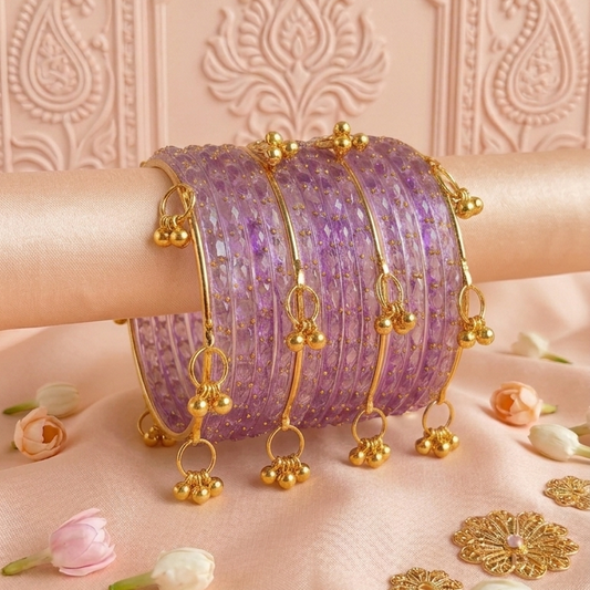 Trendy Glass Bangles With Gold Ghunghroo Set - Set Of 16