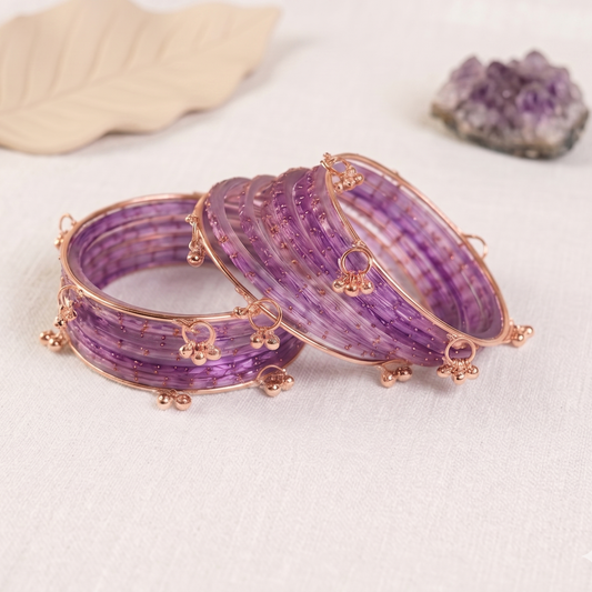 Trendy Glass Bangles With RoseGold Ghunghroo Set - Set Of 16