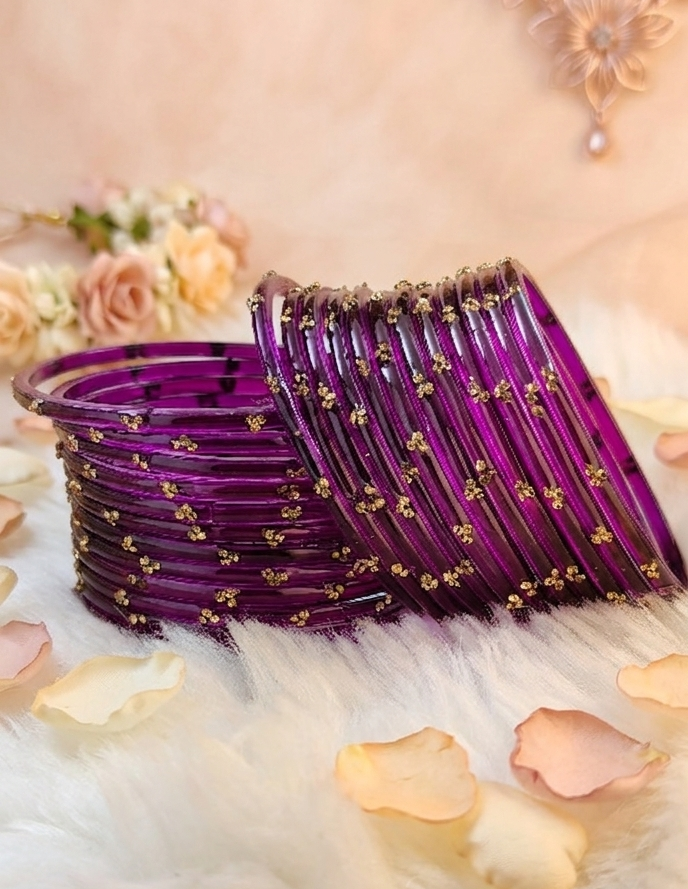 Traditional  Purple Stone Gold Bangles Set Glossy Finish with Golden Stone Work Wear (Pack of 24)