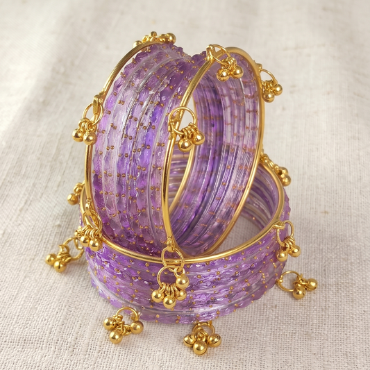 Trendy Glass Bangles With Gold Ghunghroo Set - Set Of 16