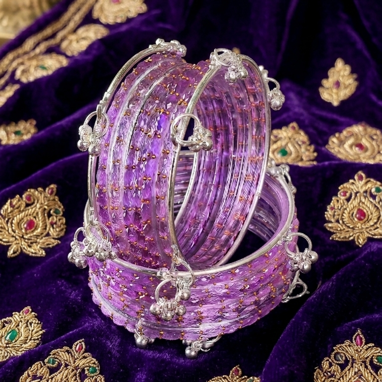 Trending Glass Bangle With Silver Ghunghroo Set For Women & Girls - Set Of 16