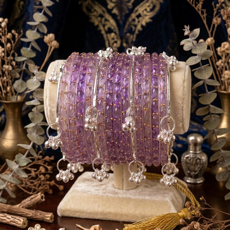 Trending Glass Bangle With Silver Ghunghroo Set For Women & Girls - Set Of 16
