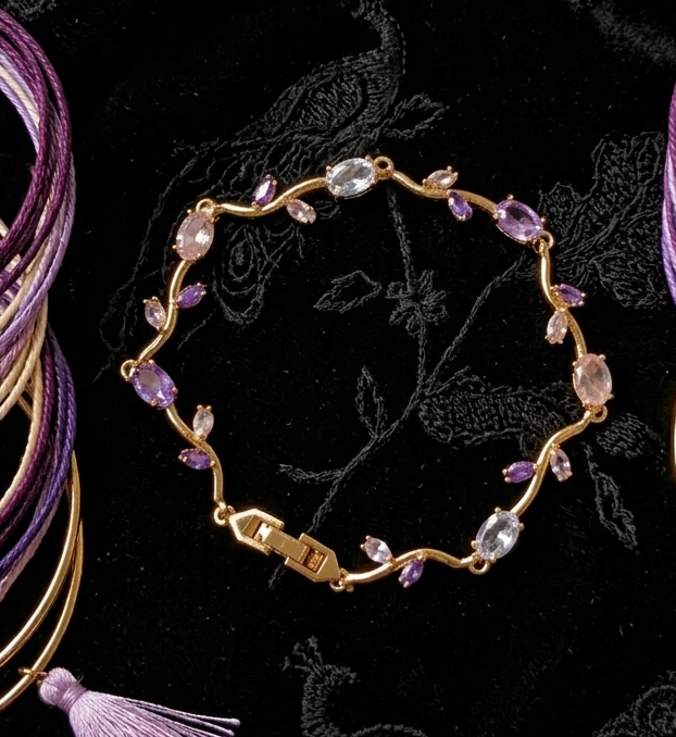 Elegant Gold-Toned Bracelet with White Purple Stone  Stylish Designer Chain Bracelet for Daily & Party Wear