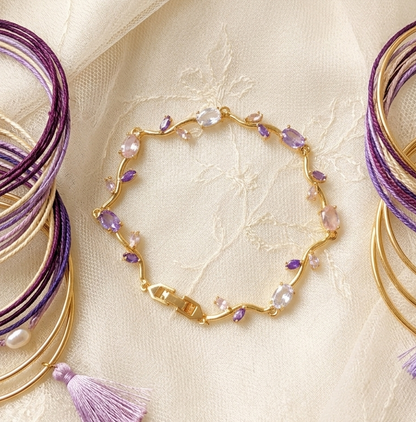Elegant Gold-Toned Bracelet with White Purple Stone  Stylish Designer Chain Bracelet for Daily & Party Wear