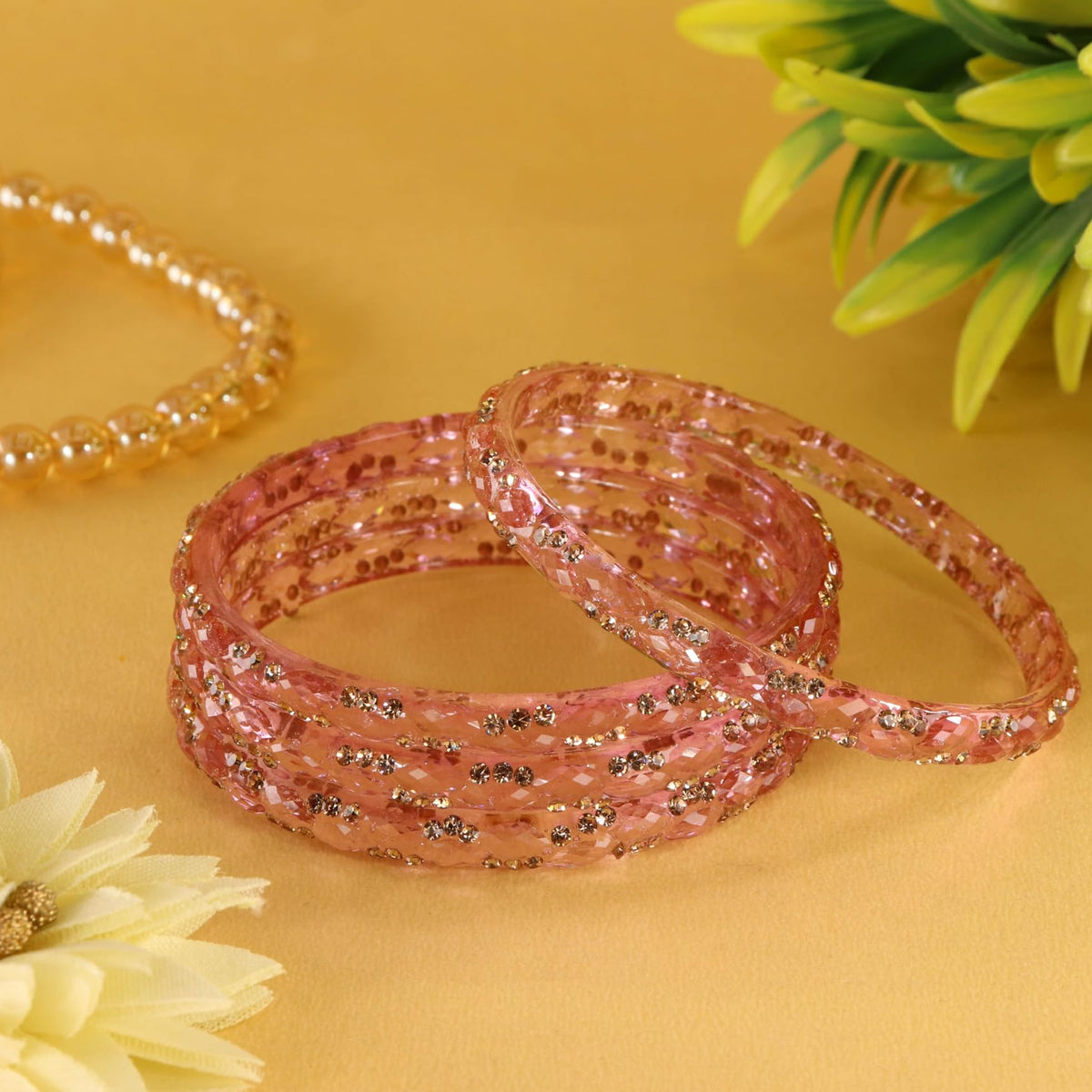 Pyazi Glass Bangles Set with Crystal Stone Work - Set of 4