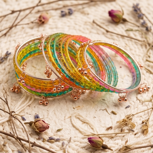 Trendy Glass Bangles With RoseGold Ghunghroo Set - Set Of 16