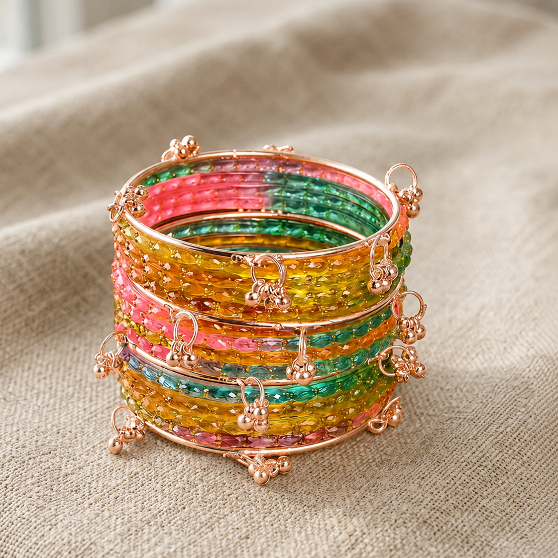 Trendy Glass Bangles With RoseGold Ghunghroo Set - Set Of 16