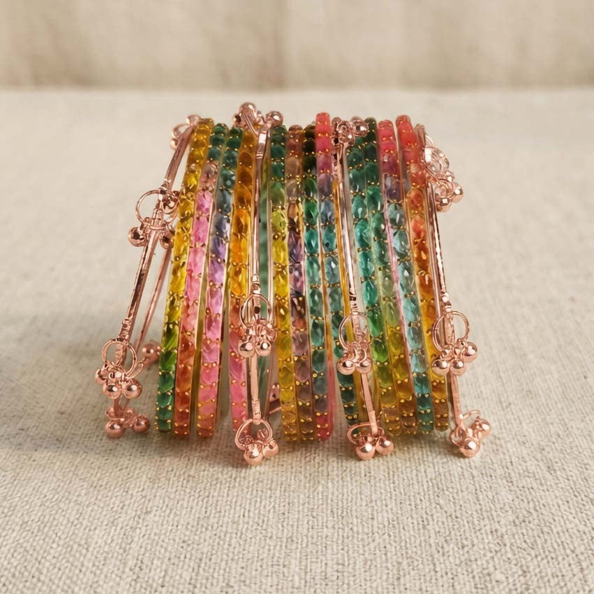Trendy Glass Bangles With RoseGold Ghunghroo Set - Set Of 16