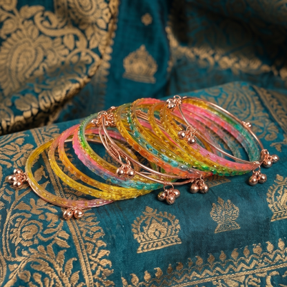 Trendy Glass Bangles With RoseGold Ghunghroo Set - Set Of 16