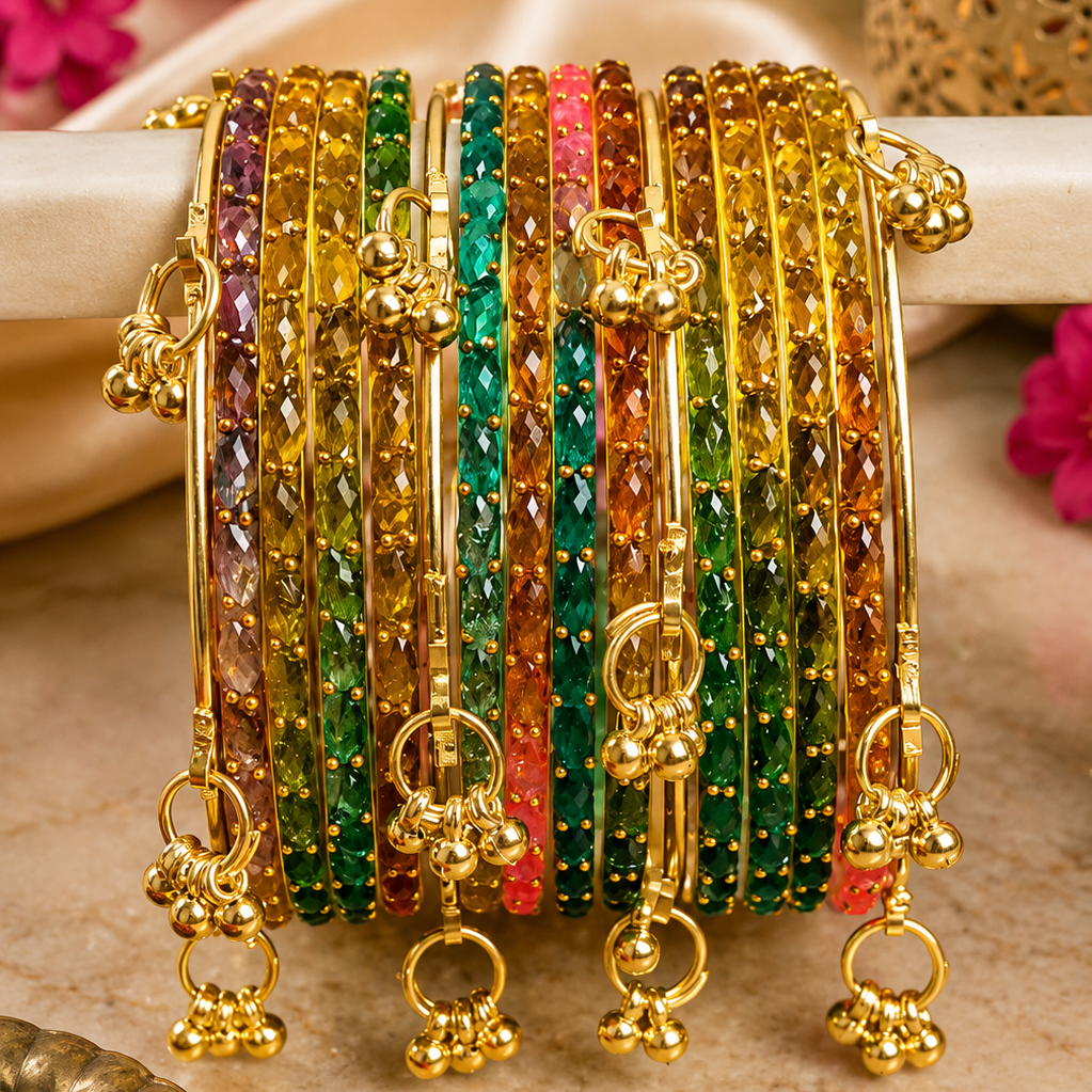 Trendy Glass Bangles With Gold Ghunghroo Set - Set Of 16