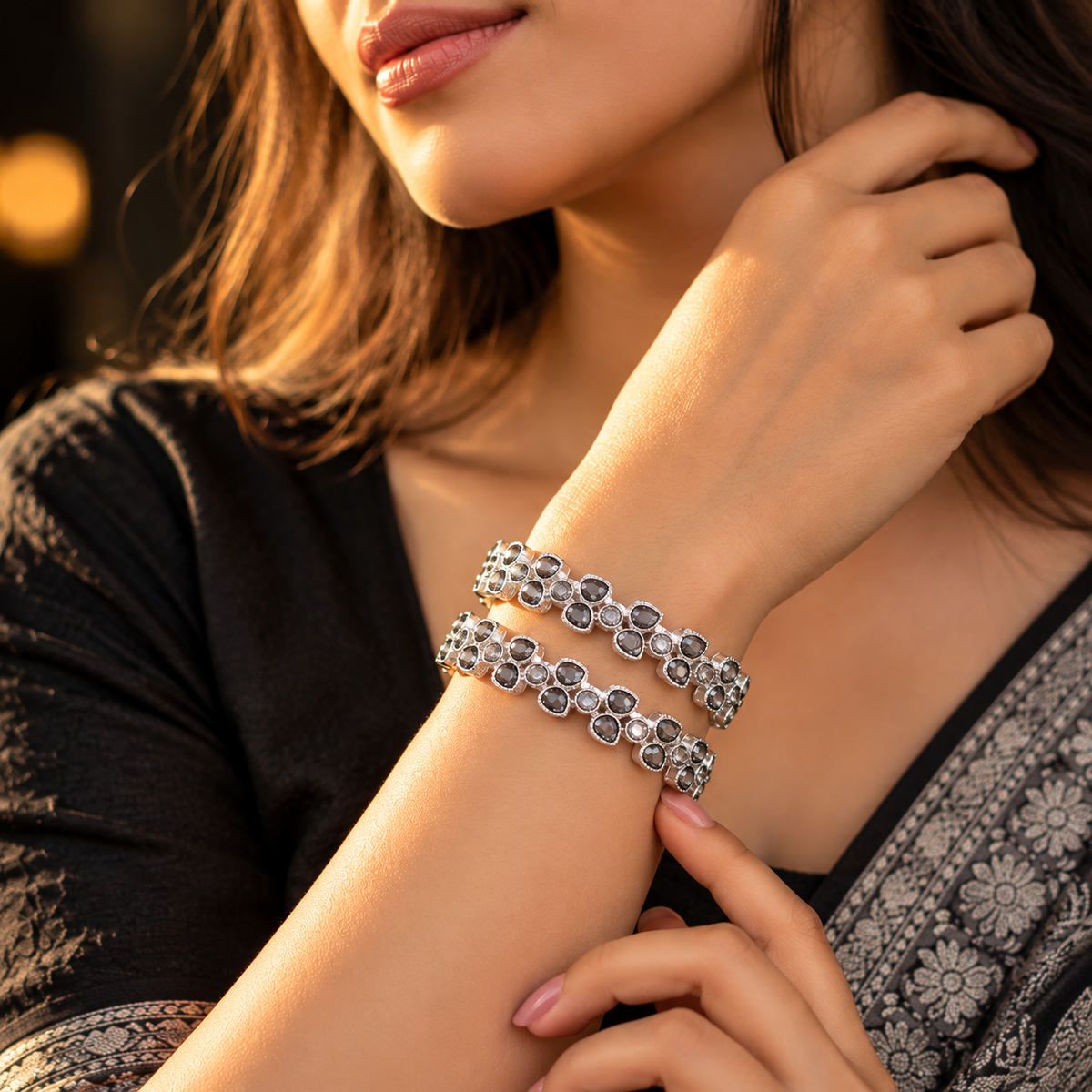 Silver Plated Designer Bangles Set With Crystal Stones - Set Of 4