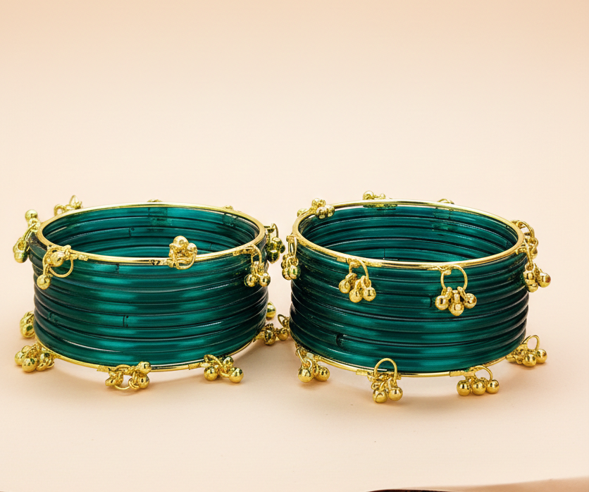 Trendy Ghungroo Glass Bangles Set for Kashmiri Style Bangles | Pack of 20 with Golden Metal Charm