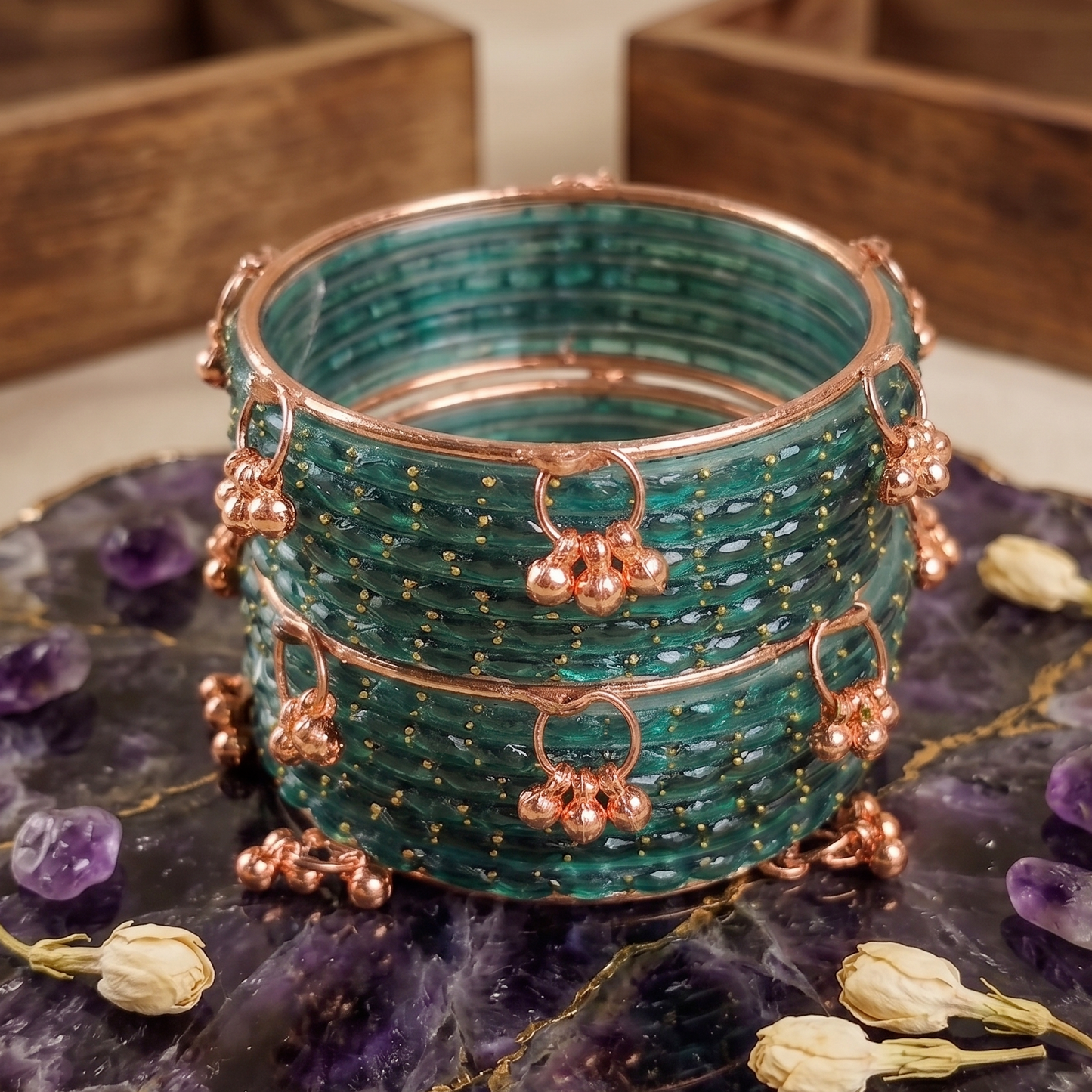 Trendy Glass Bangles With RoseGold Ghunghroo Set - Set Of 16