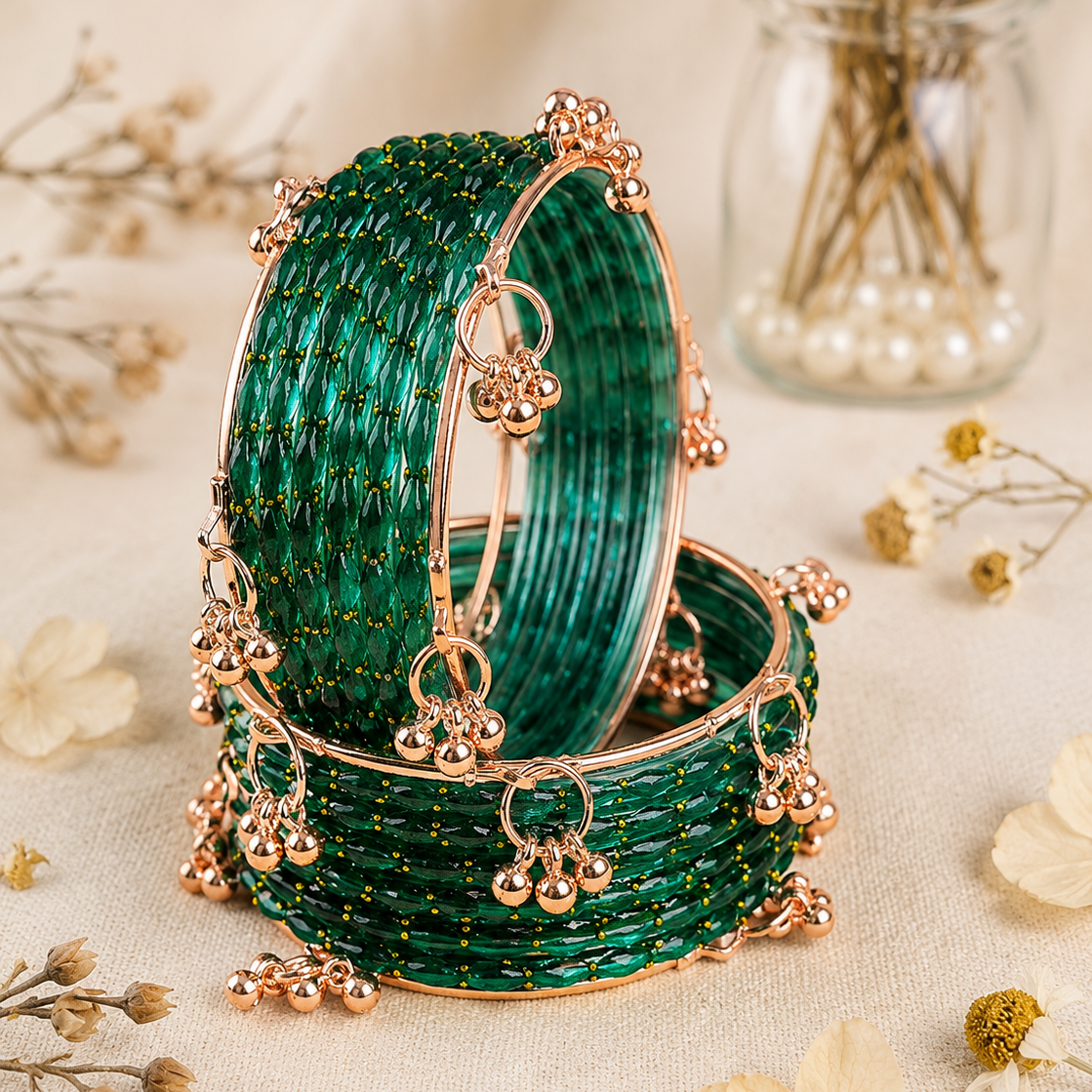 Trendy Glass Bangles With RoseGold Ghunghroo Set - Set Of 16