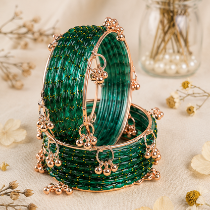 Trendy Glass Bangles With RoseGold Ghunghroo Set - Set Of 16