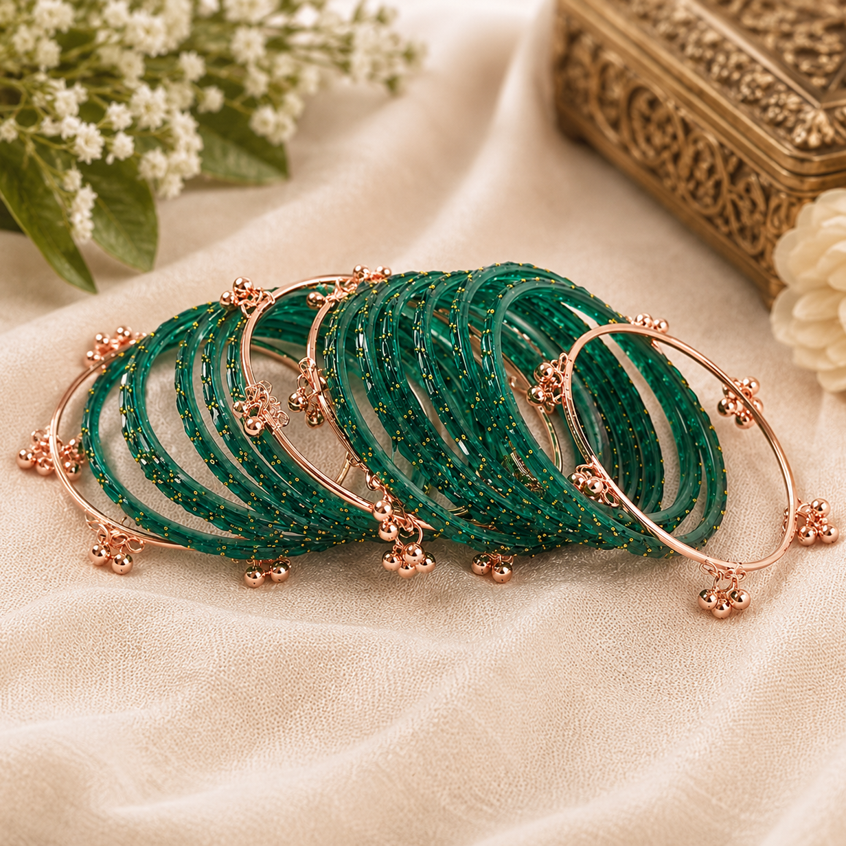 Trendy Glass Bangles With RoseGold Ghunghroo Set - Set Of 16