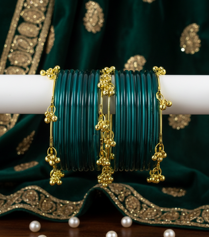 Trendy Ghungroo Glass Bangles Set for Kashmiri Style Bangles | Pack of 20 with Golden Metal Charm