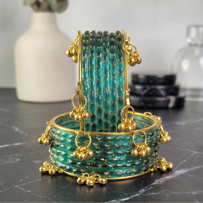 Trendy Glass Bangles With Gold Ghunghroo Set - Set Of 16