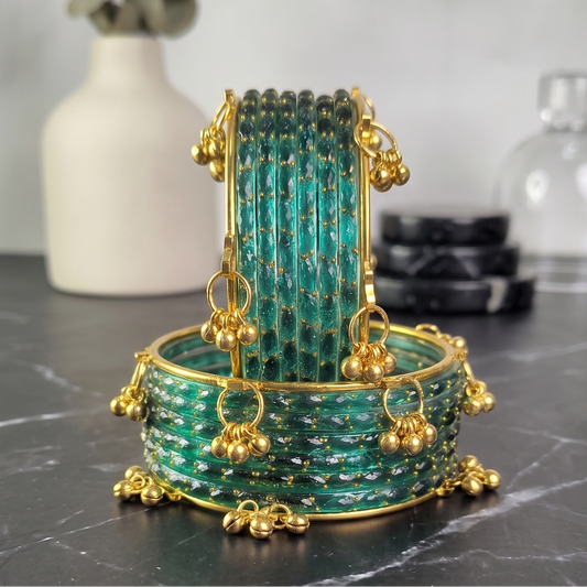 Trendy Glass Bangles With Gold Ghunghroo Set - Set Of 16