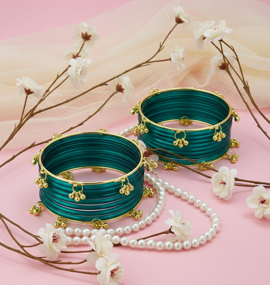 Trendy Ghungroo Glass Bangles Set for Kashmiri Style Bangles | Pack of 20 with Golden Metal Charm