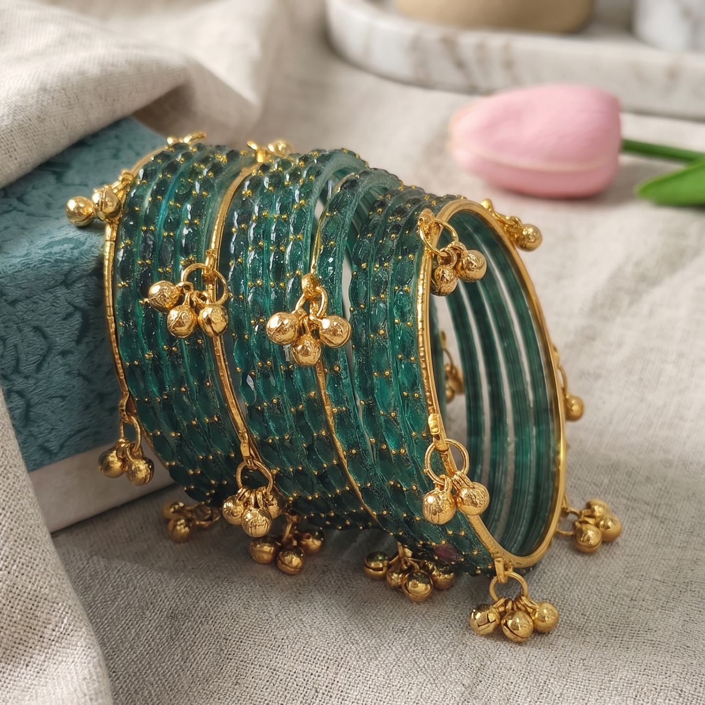 Trendy Glass Bangles With Gold Ghunghroo Set - Set Of 16