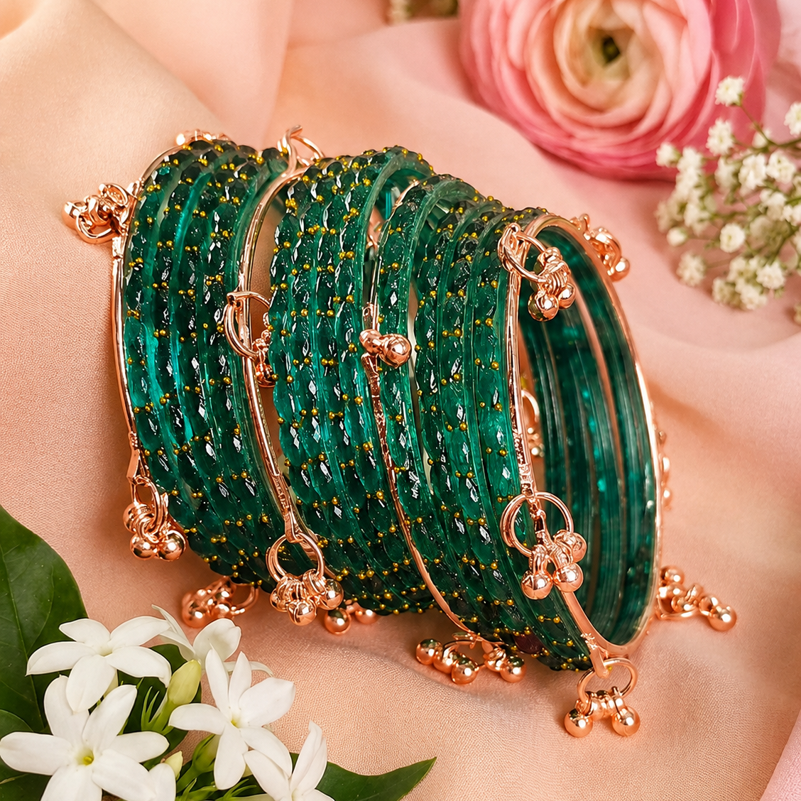 Trendy Glass Bangles With RoseGold Ghunghroo Set - Set Of 16