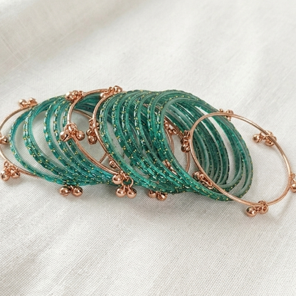 Trendy Glass Bangles With RoseGold Ghunghroo Set - Set Of 16