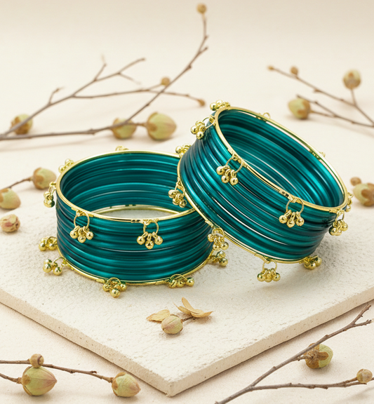 Trendy Ghungroo Glass Bangles Set for Kashmiri Style Bangles | Pack of 20 with Golden Metal Charm