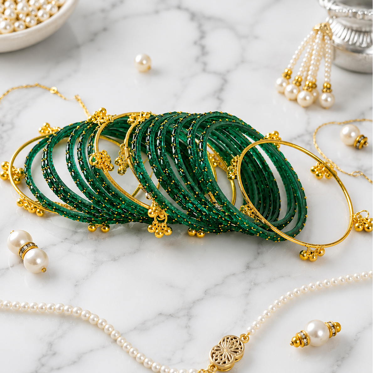 Trendy Glass Bangles With Gold Ghunghroo Set - Set Of 16