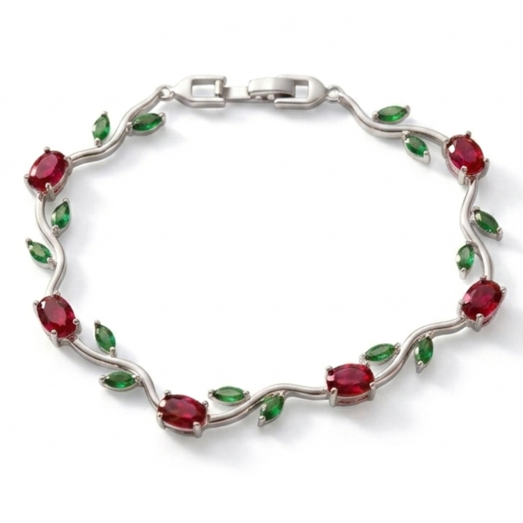 Trendy Tulip GreenRed Crystal Bracelet for Women  Floral Design Silver Plated Bracelet