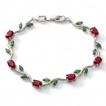 Trendy Tulip GreenRed Crystal Bracelet for Women  Floral Design Silver Plated Bracelet