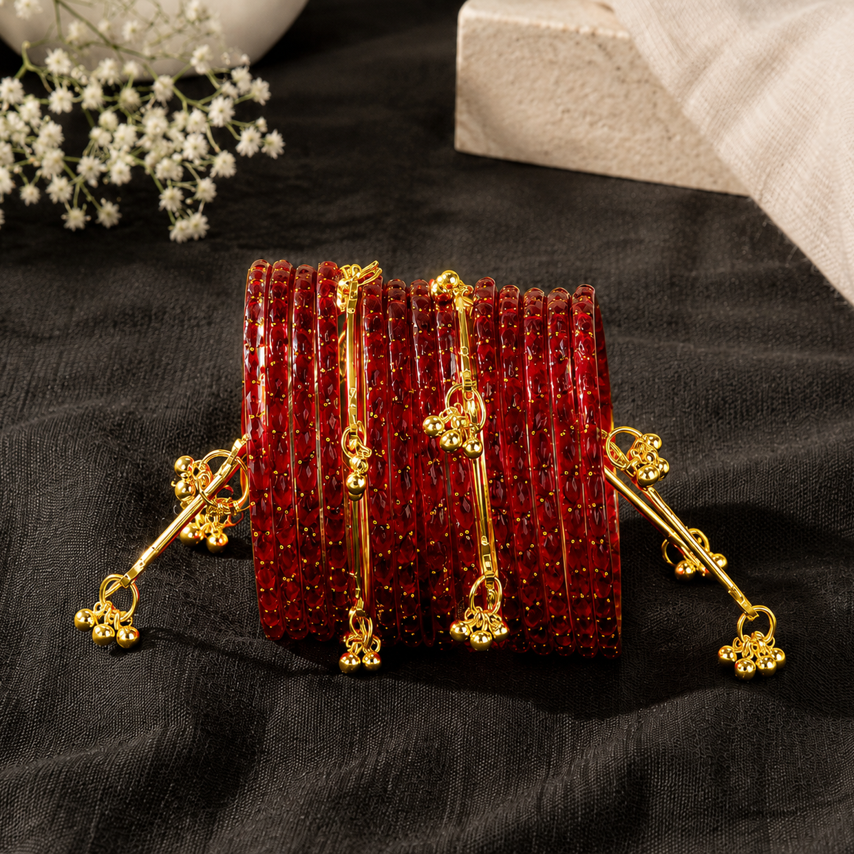 Trendy Glass Bangles With Gold Ghunghroo Set - Set Of 16
