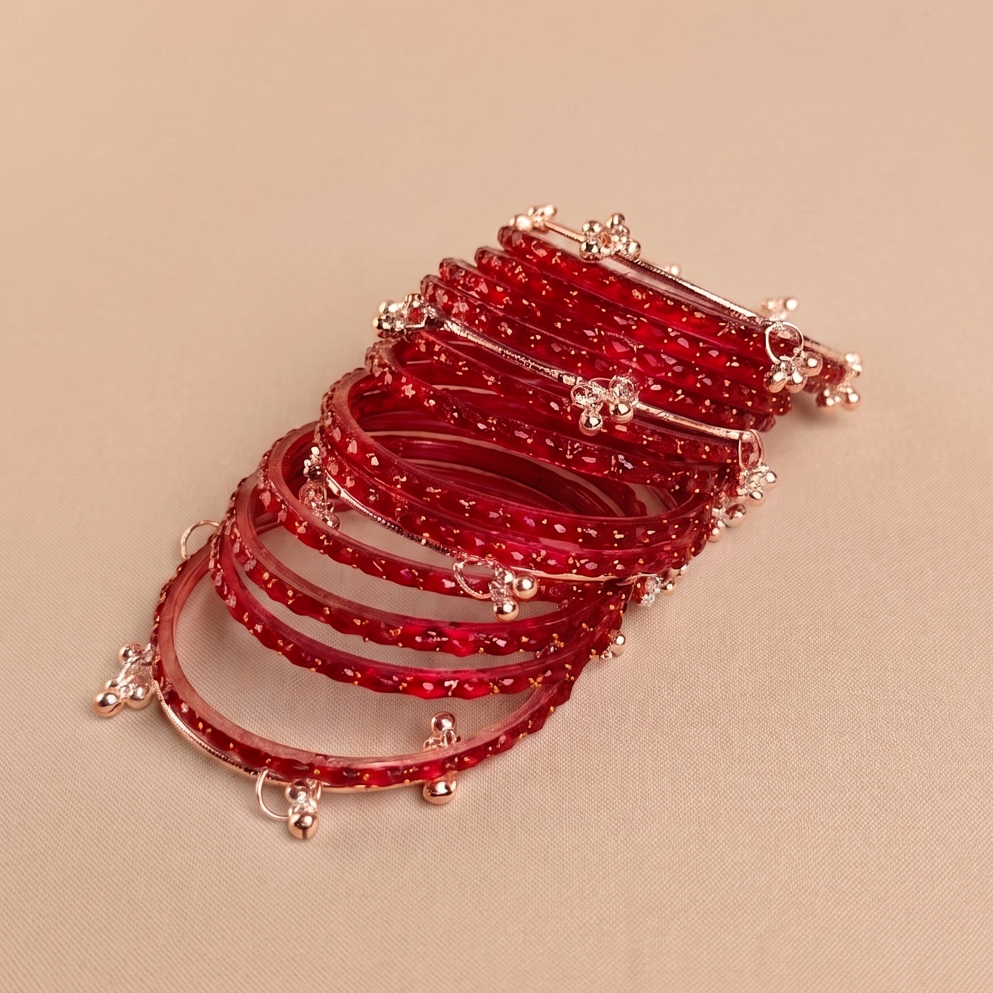 Trendy Glass Bangles With RoseGold Ghunghroo Set - Set Of 16