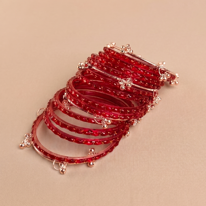 Trendy Glass Bangles With RoseGold Ghunghroo Set - Set Of 16